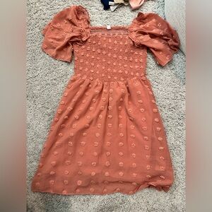 Rust Smocked Dress with Puff Sleeves